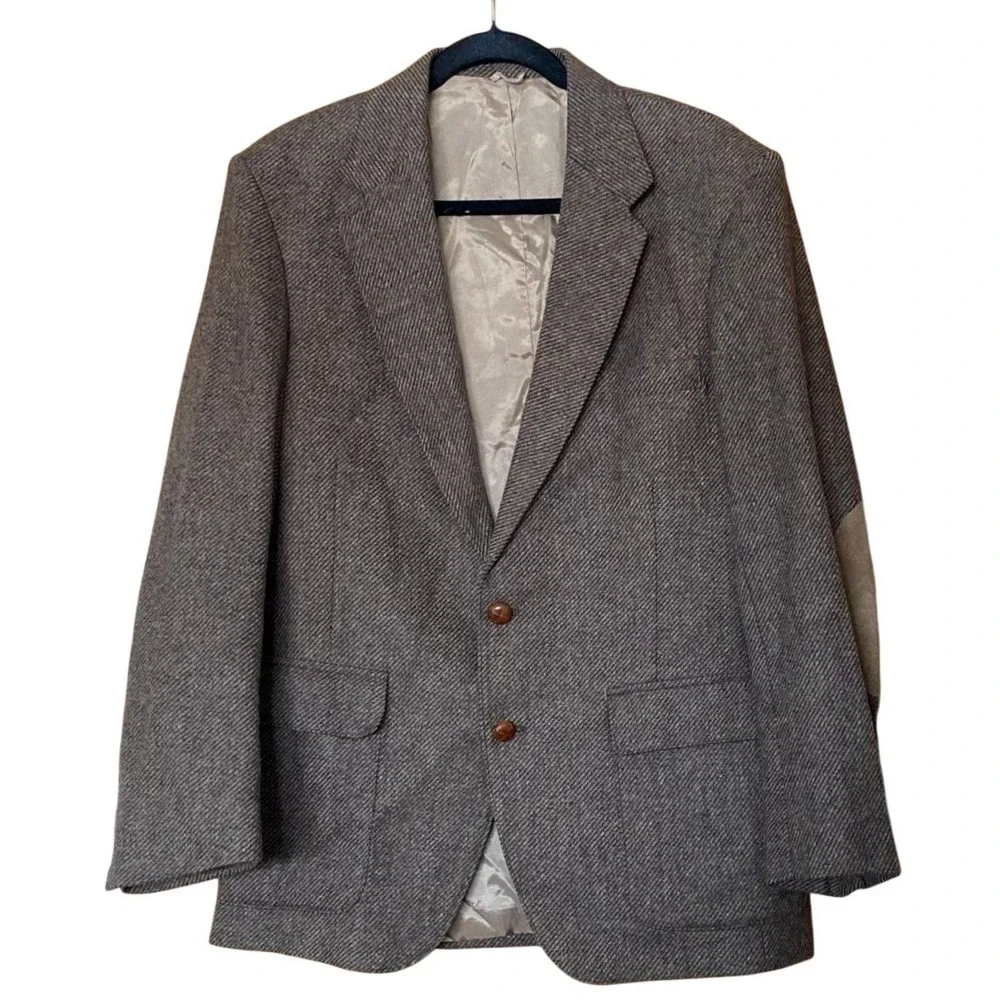Vintage Wool‎ Herringbone Suede Elbow Patches Brown Blazer 40R Mens Western Folk